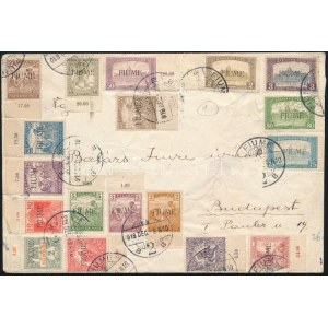 1918 Levél 20 db fiumei bélyeggel (sérült) / Cover with 20 stamps. Signed: Bodor (damaged)