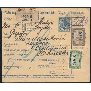1918 Csomagszállító SHS bélyegekkel / Parcel card. Signed: Bodor