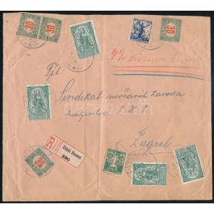 1919 Ajánlott horvát levél 6 db horvát bélyeggel és egyidejűleg 4 db magyar portóval feladva, Zágrábba ...