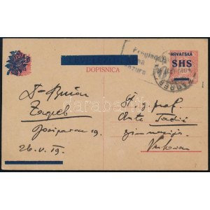 1919 SHS felülnyomású díjjegyes levelezőlap / SHS PS-card. Signed: Bodor