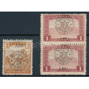Kolozsvár 1919 Arató 2f ANI (nagyszebeni I-es típus) + Parlament 1K pár, az egyik bélyeg LFU felülnyomással / Mi 26 I ...