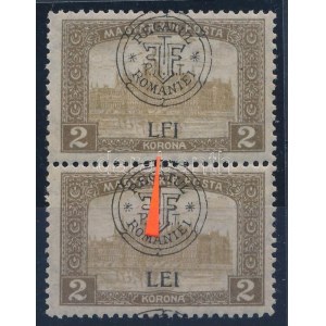 Kolozsvár 1919 Parlament 2K pár, az egyik bélyeg LFI felülnyomással / Mi 41 I pair with plate variety. Signed...