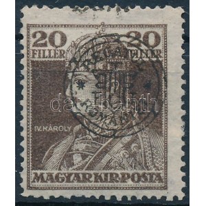 1919 Károly 20f elcsúszott felülnyomással / shifted overprint. Signed: Bodor