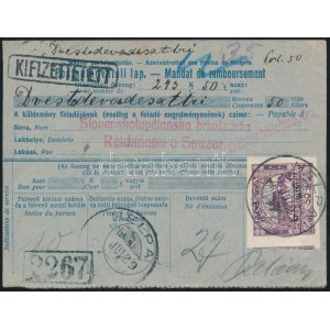 1919 Postautánvételi lap túlélő HELPA bélyegzéssel / Money order