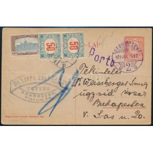 1921 Díjjegyes levelezőlap Parlament 60f és 2 x 50f portóval kiegészítve / PS-card with 2 x 50f postage due stamps ...
