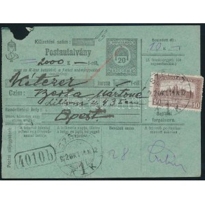 1922 Postautalvány 10K bérmentesítéssel / Money order with 10K franking SZEGED - BUDAPEST