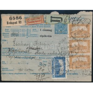 1923 Utánvétes csomagszállító 370K bérmentesítéssel, a hátoldalon 400K fekbérrel / COD parcel card with 370K franking ...
