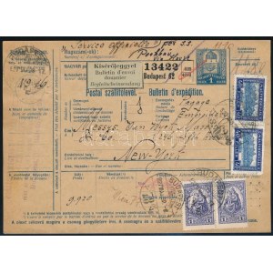1927 Teljes csomagszállító 12,80P bérmentesítéssel New Yorkba / Parcel card to New York