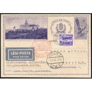 1933 16f díjjegyes légi levelezőlap Szentendréről Berlinbe / Airmail PS-card to Berlin
