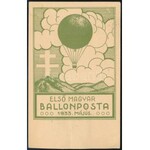 1933 Első magyar ballonposta levelezőlap 1,10P bérmentesítéssel és alkalmi bélyegzésekkel ...