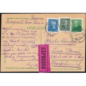 1934 Expressz levelezőlap Arcképek 6f + 40f + 50f bérmentesítéssel Ausztriába küldve / Express PS...