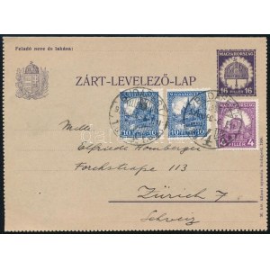 1938 Zárt levelezőlap 24f kiegészítéssel Svájcba / PS...