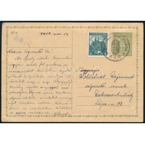 1938 Csehszlovák díjjegyes levelezőlap csehszlovák bélyeggel díjkiegészítve, MAGYAR KIR. POSTA 142...