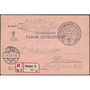 1939 Ajánlott tábori levelezőlap VIII. ORSZÁGOS FRONTHARCOS TALÁLKOZÓ-TÁBOR alkalmi bélyegzéssel Bécsbe ...