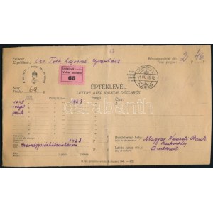 1941 Értéklevél 1.045 svájci frankról / Insured cover TOPOLYA