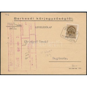 1941 Levelezőlap BERKESD postaügynökségi bélyegzéssel / Postcard with postal agency postmark