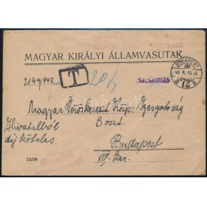 1943 Hivatalos levél 20f portóval / Official cover with postage due Bácsalmás vasúti vonalbélyegzéssel ...