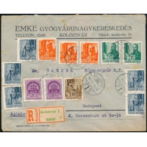 1943 Ajánlott levél 13 db bélyeggel Kolozsvárról Budapestre / Registered cover with 13 stamps from Cluj...