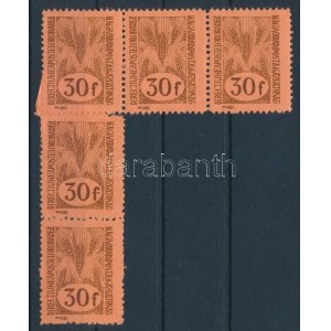 Nagyvárad II. 1945 30f 5-ös tömb, ragasztott bélyegek. / block of 5. Signed: Bodor (repaired, aparted perfs....