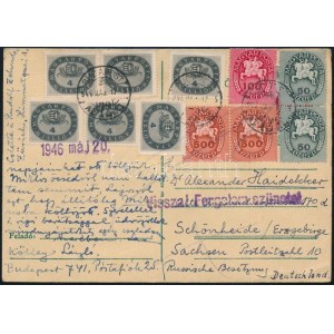 1946 (16. díjszabás) Levelezőlap 11 db bélyeggel Budapestről Németországba,visszaküldve Vissza! Forgalom szünetel ...