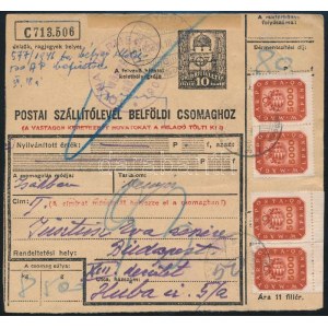 1946 (20. díjszabás) Csomagszállító 24 db bélyeggel, és 500AP készpénzes okirati illetékkel ...