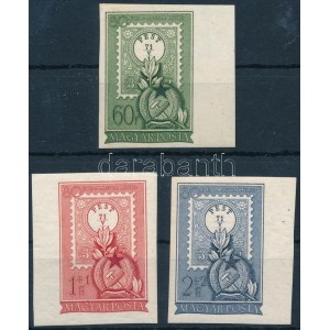 1951 80 éves a magyar bélyeg vágott ívszéli sor (14.000) / Mi 1201-1203 imperforate margin set