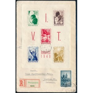 1949 VIT blokk ajánlott levélen Svájcba / Mi block 16 on registered cover to Switzerland