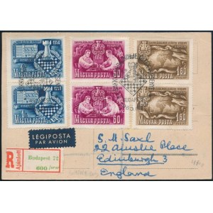 1950 Sakk sor 2x ajánlott légi levélen Angliába / Registered airmail cover to England