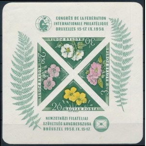 1958 FIP I. Virág vágott blokk (15.000) / Mi 28 imperforate block