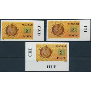 1990 150 éves a takarékpénztári mozgalom 3 db vágott bélyeg klf ívszéli felirattal (25.000) ...
