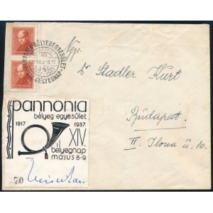 1937 Pannóniai Bélyegegyesület sorszámozott feketenyomat emlékív a tervező aláírásával futott levélen ...