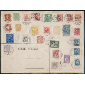 1908-1913 Vászondarabon 26 db különböző országból származó bélyeg különböző bélyegzésekkel ...