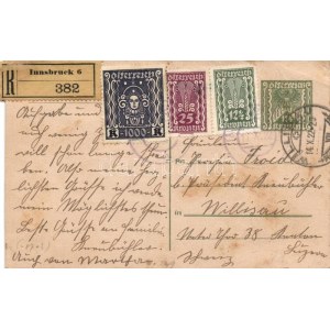 1922 (20. díjszabás) Díjkiegészített díjjegyes levelezőlap ajánlott küldeményként Svájcba ...