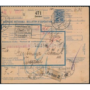 1927 Csomagszállító Zólyomról Párkányon keresztül Visegrádra / Parcel card to Hungary