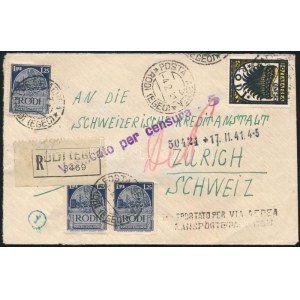 1941 Cenzúrás ajánlott légi levél Rodoszról Svájcba ...