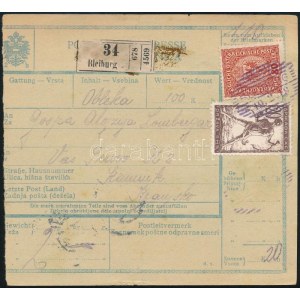 1919 Csomagszállító osztrák-jugoszláv vegyes bérmentesítéssel / Parcel card with Austria -Yugoslavia mixed franking ...