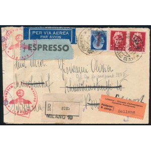 1944 Cenzúrás expressz ajánlott levél Svájcba, katonai posta címre továbbküldve ...