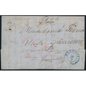 1865 Portós levél teljes tartalommal / Unpaid cover with full content, kék / blue PLOESTI