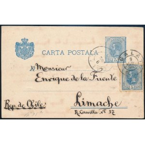 1896 Díjkiegészített díjjegyes levelezőlap Chilébe / PS-card with additional franking to Chile