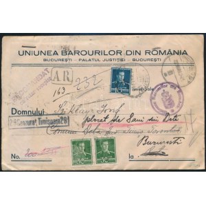 1945 Tértivevényes ajánlott levél Bukarestből Dettára, visszaküldve / Registered cover with recorded delivery...