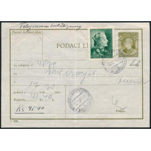 1944 Díjkiegészített díjjegyes távirati feladóvevény / PS-telegramm fee receipt with additional franking BRATISLAVA...