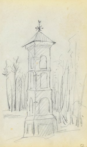 Jacek MALCZEWSKI (1854-1929), Kapliczka przydrożna murowana wielopoziomowa na tle zagajnika