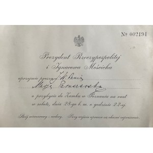 Card with invitation from President Ignacy Moscicki