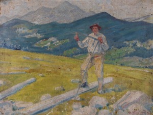 Aleksander HILLENBRAND, PEJZAŻ Z GÓRALEM OSTRZĄCYM KOSĘ, 1917