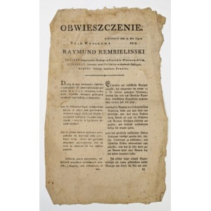 OBWIESZCZENIE RZĄDU WOJSKOWEGO, RAYMUNDA REMBELIŃSKIEGO, Kraków, 19.08.1809, Księstwo Warszawskie, wojna z Austrią