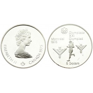 Canada 5 Dollars 1975  1976 Montreal Olympics. Averse: Young bust right; small maple leaf below; date at right. Reverse...