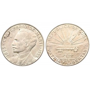 Cuba 1 Peso 1953 Centennial of Jose Marti. Averse: Radiant sun rising above water; denomination below. Reverse...