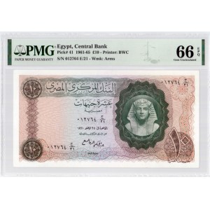 Egypt 10 Pounds (1961-65) Banknote. Central Bank Pick#41. 10 Pounds - Printer: BWC S/N 012764 E/21 - Wmk: Arms...