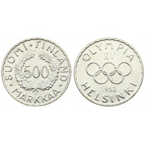 Finland 500 Markkaa 1952 H Averse: Wreath divides denomination. Reverse: Olympic logo above date. Silver...