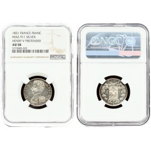 France 1 Franc 1831 Henri V (1831) HENRY V PRETENDER. Averse legend: HENRI V ROI - DE FRANCE. Averse description...